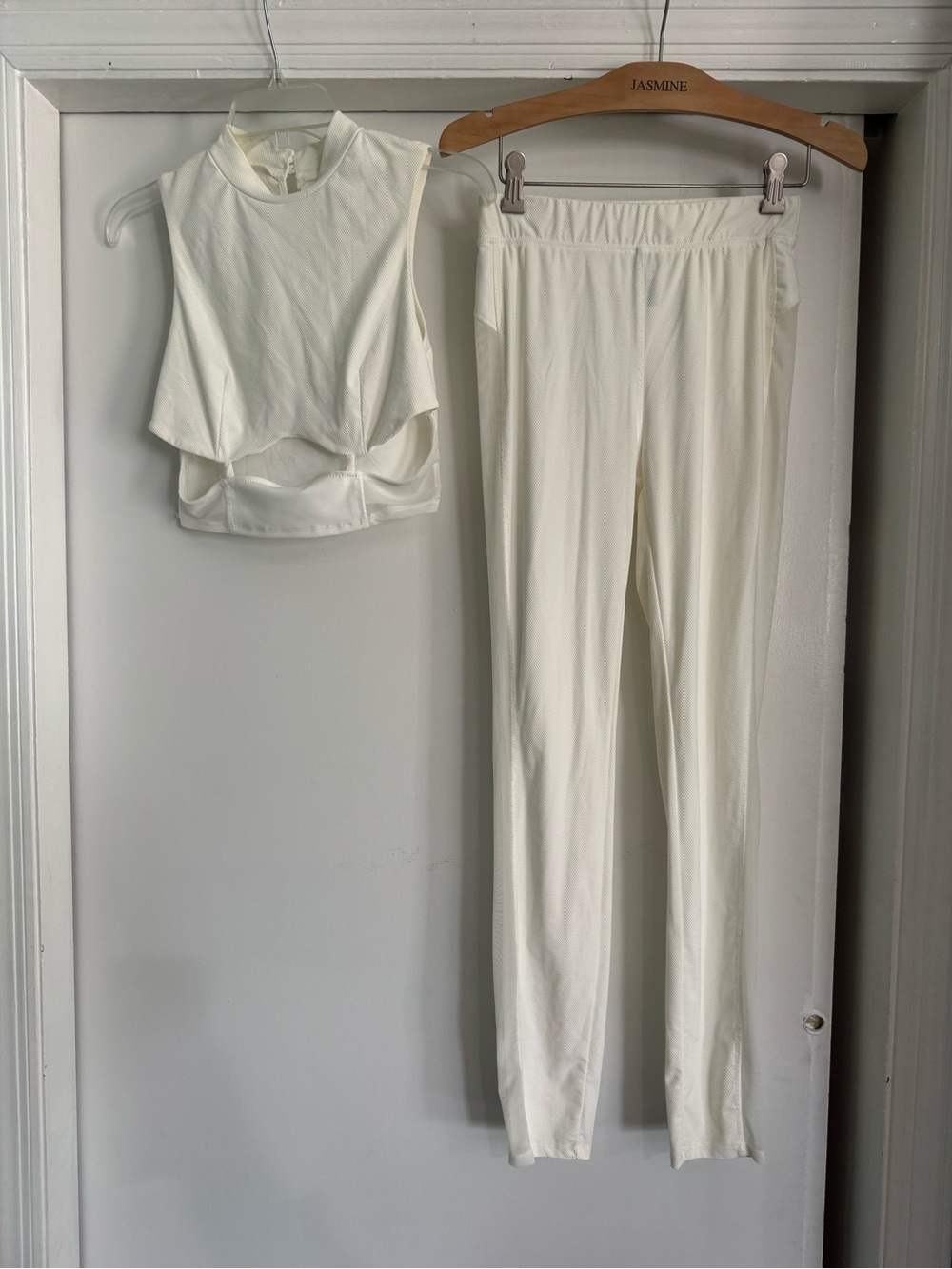 KToo cream 2 piece set halter cropped top & leggings mesh inserts